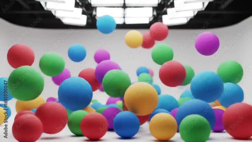 Poster dynamic display of multicolored balls falling on white background with overhead studio lighting crea
