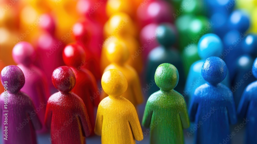 Poster colorful arrangement of individual figurines representing diversity and community spirit in a vibran