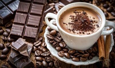 Fototapeta premium Hot coffee cup and rich dark chocolate still life sweet indulgence