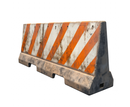 Concrete traffic barrier with orange and white stripes isolated on transparent background
