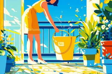Woman cleaning up water on balcony