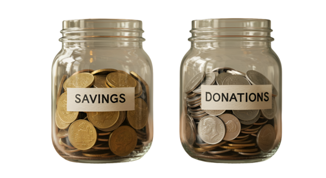 Gold Coins and Silver Coins in Jars Labelled Savings and Donations
