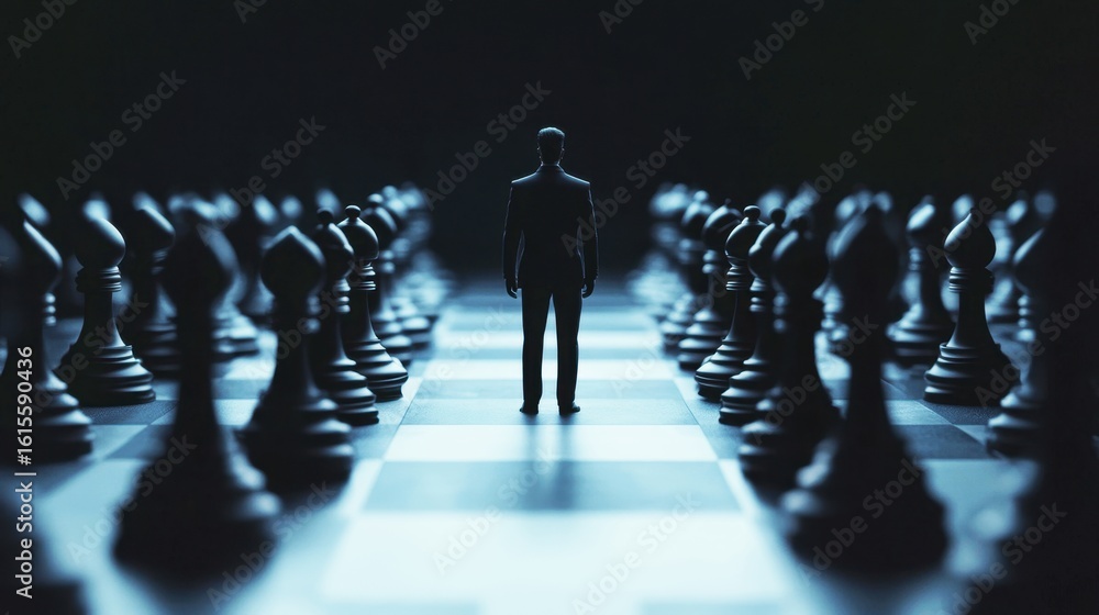 Poster man standing amidst chessboard with chess pieces in dim light, symbolizing strategy, decision making