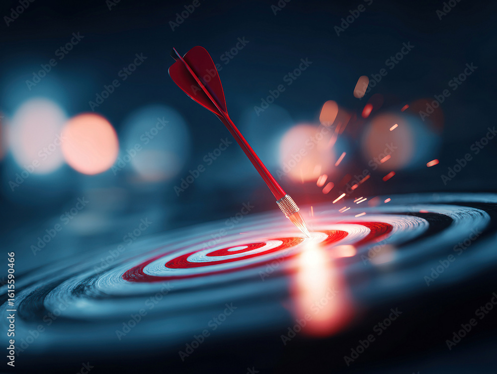 Poster arrow embedded in red bullseye against dark blue backdrop, shattering target with sparks cinematic s
