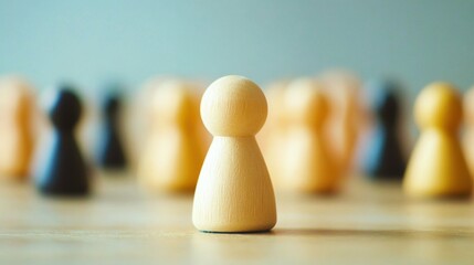 Wooden Figure Standing Out Among a Group of Soft Focused Game Pieces with Neutral Background Highlighting Unique Individuality and Community Dynamics
