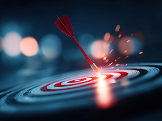 Arrow embedded in red bullseye against dark blue backdrop, shattering target with sparks Cinematic style, dramatic lighting focusing on the action No other objects present - AI-Generated