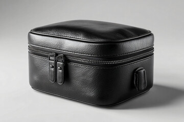 Black leather toiletry bag on neutral background