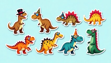 Cartoon dinosaurs wearing party hats and glasses.