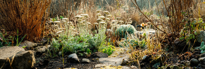 A tranquil garden filled with various wildcrafted plants exhibits rich textures and colors under soft morning light. The tranquil path meanders through lush greenery and earthy tones