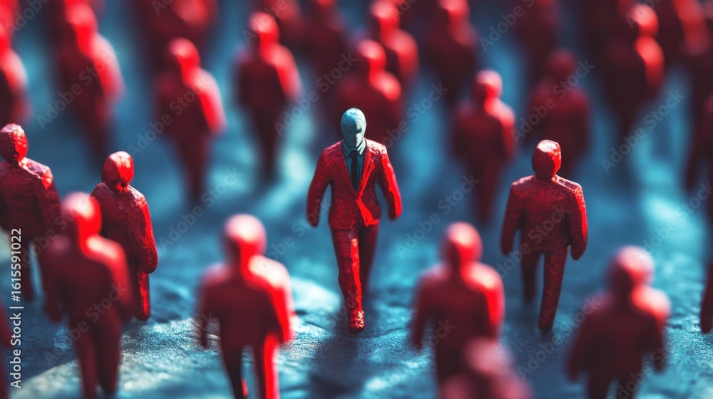 Poster abstract representation of individuality amongst crowd in red and blue figures symbolizing uniquenes