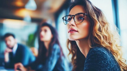Thoughtful Young Woman with Glasses in Modern Office Setting Engaged in Deep Reflection During Team Meeting with Focused Expressions