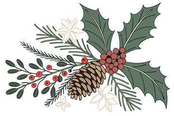 Festive christmas holly and pinecone arrangement