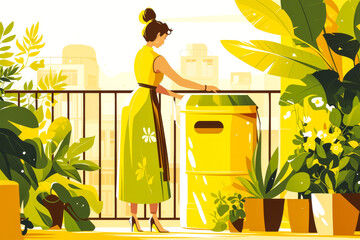 Woman cleaning up water on balcony