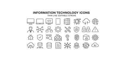 Print  Information Technology icon set. Thin line editable stroke icons for IT, technology, systems, software, networks, cybersecurity, data analytics, AI and cloud computing 