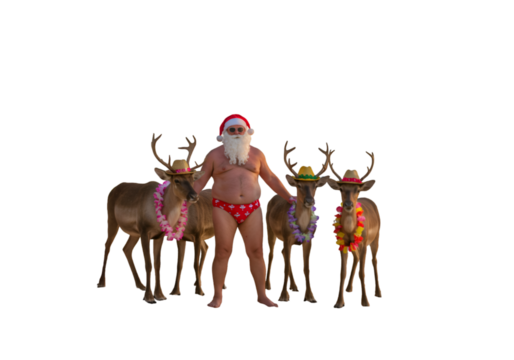 Funny Photo Of Santa Claus With Reindeer In Summer Holiday Isolated Background