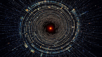Abstract swirling binary code; digital data vortex; futuristic technology background; dark, mysterious, and intense mood.