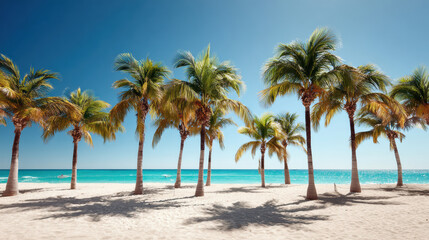 Fototapeta premium Tropical palm trees on sandy beach with turquoise sea and clear sky
