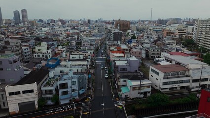 A drone view of buildings in a residential area of multipolis. Tokyo, Japan