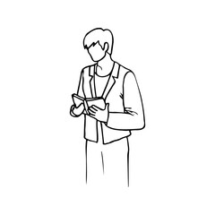 half body man portrait without face holding open book, male reader - hand drawn line doodle