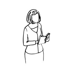 half body woman portrait without face holding open book, female reader - hand drawn line doodle