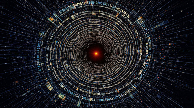 Abstract swirling binary code; digital data vortex; futuristic technology background; dark, mysterious, and intense mood.