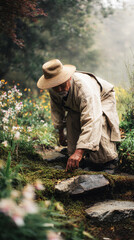 A dedicated gardener carefully tends to moss-covered stones, surrounded by vibrant wildflowers in a serene garden setting early in the day. Sunlight filters through the foliage
