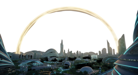 Futuristic Cityscape Illustration With Glowing Arch And Modern Skyline