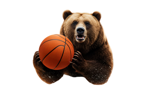 Funny Brown Bear Holding Basketball Illustration Isolated on Transparent Background - Powered by Adobe