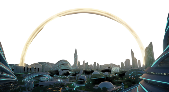 Futuristic Cityscape Illustration With Glowing Arch And Modern Skyline