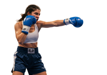 Female Boxer In Blue Boxing Gear Throws A Punch Isolated Photo