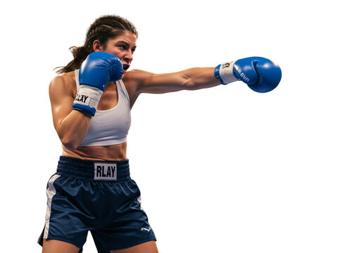Female Boxer In Blue Boxing Gear Throws A Punch Isolated Photo