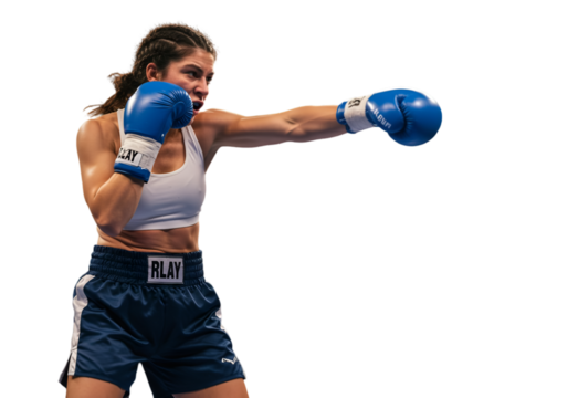 Female Boxer In Blue Boxing Gear Throws A Punch Isolated Photo