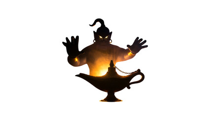 Genie Illustration with Glowing Silhouette and Lantern in Isolated Black