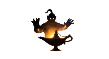 Genie Illustration with Glowing Silhouette and Lantern in Isolated Black
