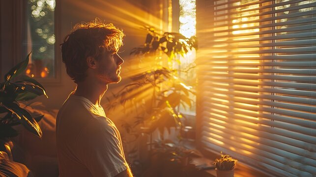 A man stands in the sunlit living room, bathed in the warm, golden light streaming through the blinds, quietly reading a book