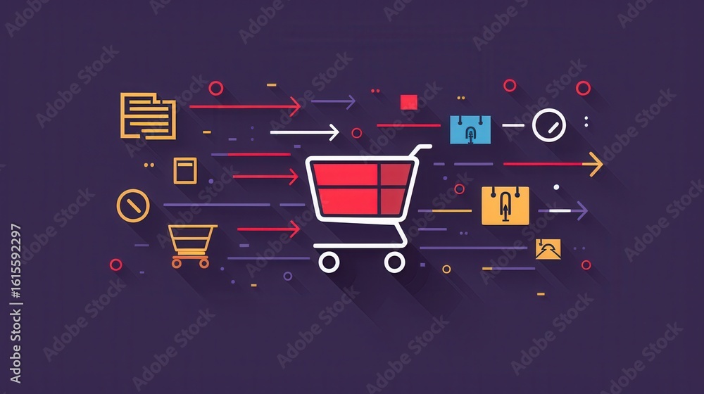 Poster minimalist and geometric stylized shopping cart icon with abstract shapes and colors representing th