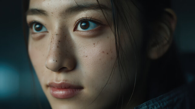 Young woman with freckles and thoughtful expression in soft light