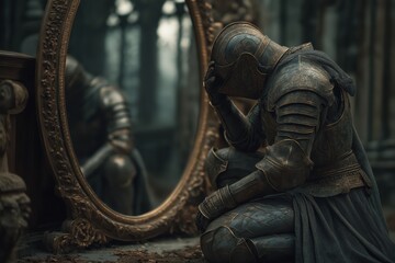 Cursed king kneels before ancient mirror revealing lost noble past reflection