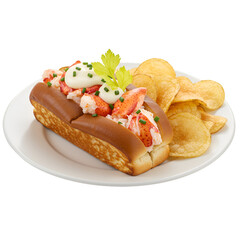 Delicious Lobster Roll Sandwich Photo With Chips And White Plate Isolated