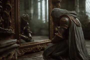 Naklejka premium Cursed king kneels before ancient mirror revealing lost noble past reflection