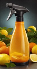 Citrus-scented spray bottle with citrus fruit.