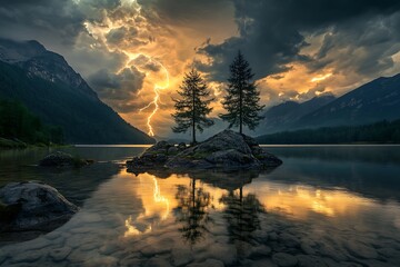Dramatic lightning strikes over mountain lake with trees reflected in the clear water surface