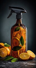 Amber glass bottle with citrus slices and leaves.