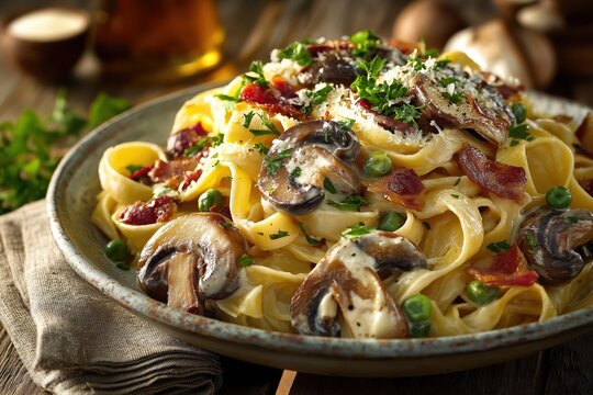 Creamy tagliatelle alla boscaiola with pancetta and mushrooms, warmly lit table