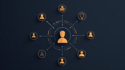 Interconnected user icons representing a network for digital technology communication and collaborative business strategy