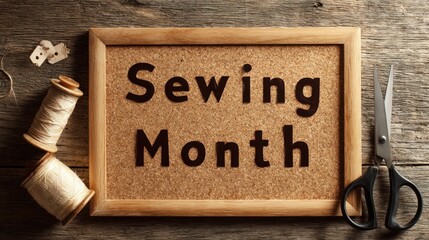 Sewing month celebration with scissors and thread spools on rustic cork board,National Sewing Month