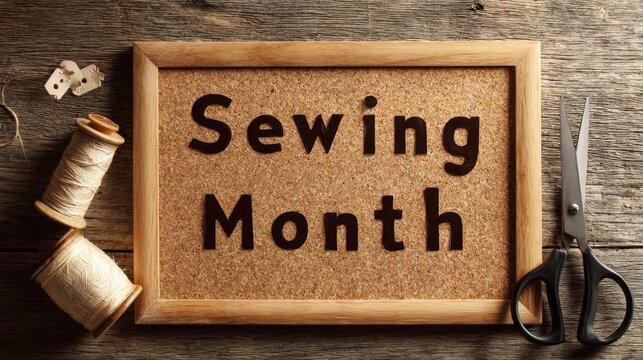Sewing month celebration with scissors and thread spools on rustic cork board,National Sewing Month - Powered by Adobe