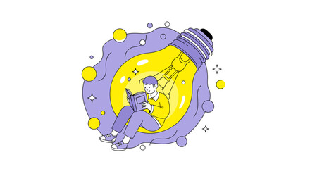 Naklejka premium A Creative Young Man Sitting Inside a Giant Light Bulb Reading a Book, Surrounded by Colorful Circles, Sparks, and Whimsical Design Elements for Imaginative and Inspirational Content