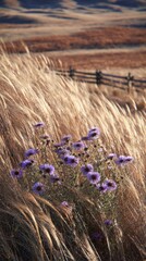Vibrant purple flowers stand out against the backdrop of gently swaying golden grasses in the Great Plains. The warm light of golden hour enhances the natural beauty of the scene