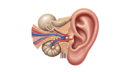 Detailed Realistic Illustration of Human Ear Anatomy on Transparent Background